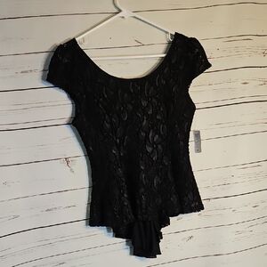 Black Lace Short Sleeve Peplum‎ Leotard Bow Back Women's Top NwT ,M